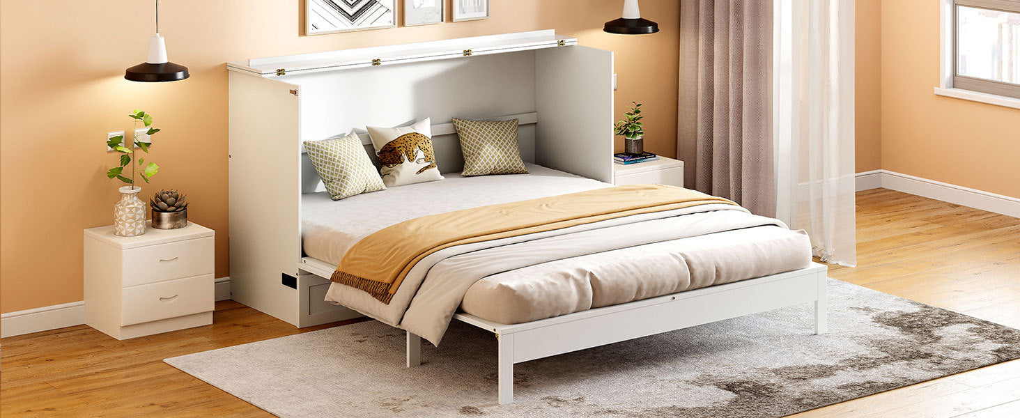 Queen Size Murphy Bed with Large Drawers, White