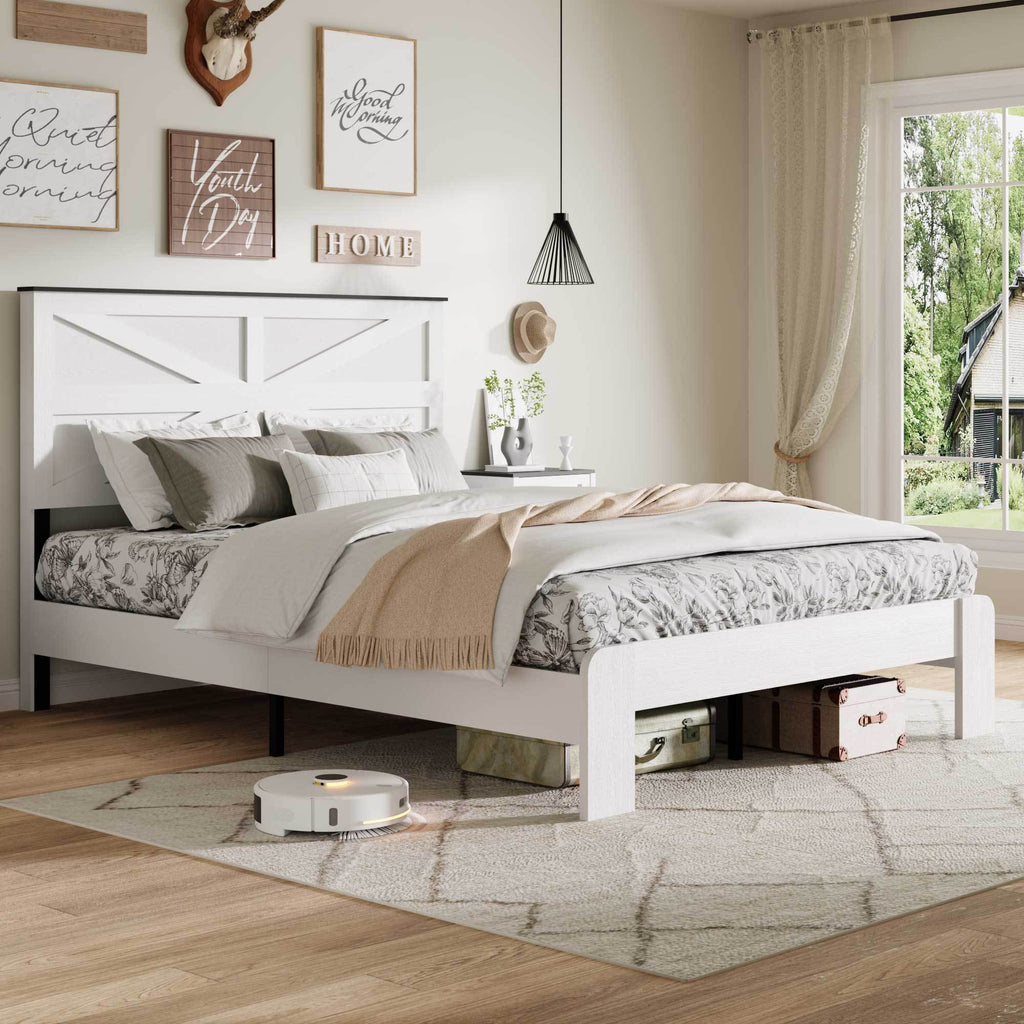 Full Bed Frame Headboard , Wood Platform Bed Frame , Noise Free,No Box Spring Needed and Easy Assembly Tool,Large Under Bed Storage,White