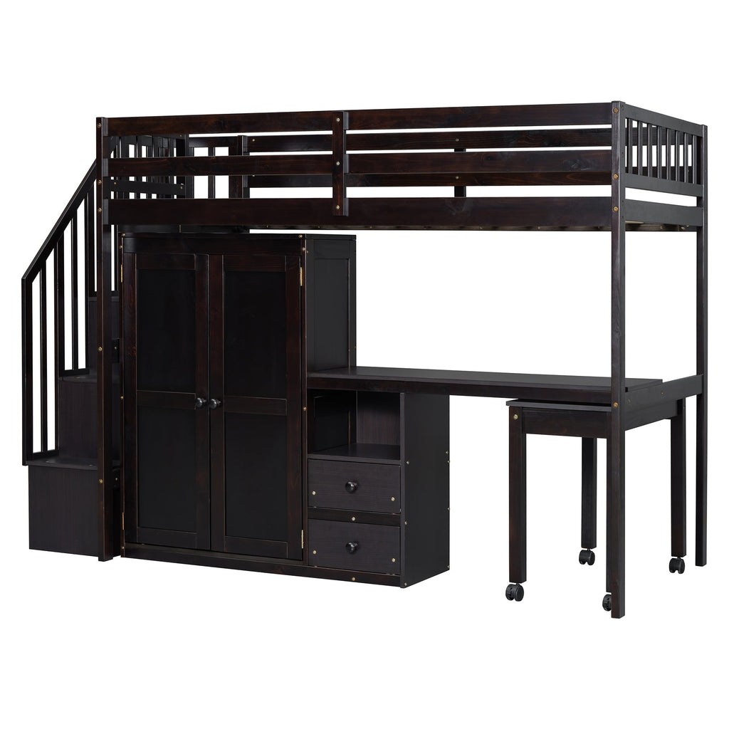 Twin Size Loft Bed with Stairs, Bookshelf, Drawers, Desk & Wardrobe – Space-Saving Multifunctional Furniture for Kids & Teens-Espresso