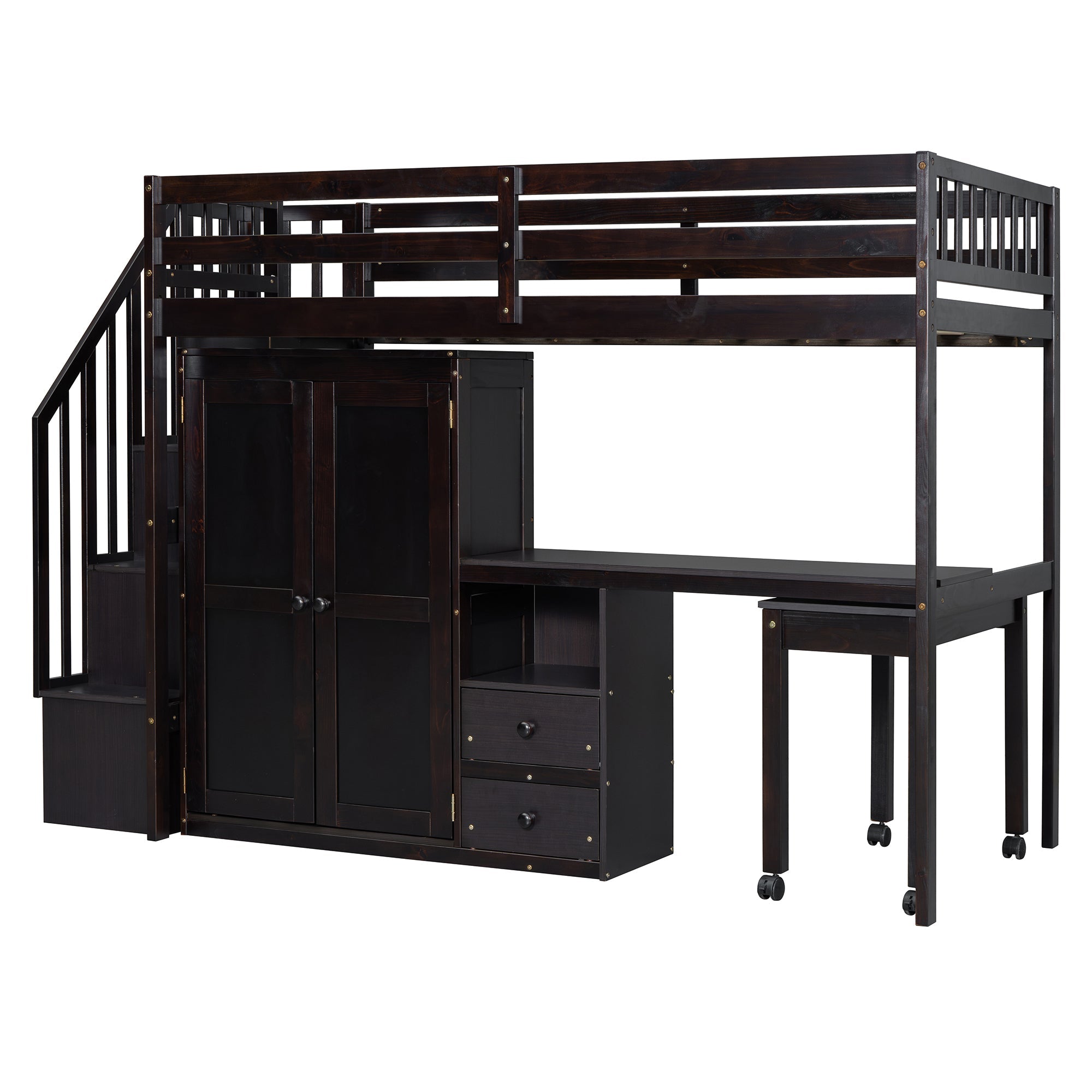 Twin Size Loft Bed with Stairs, Bookshelf, Drawers, Desk & Wardrobe – Space-Saving Multifunctional Furniture for Kids & Teens-Espresso