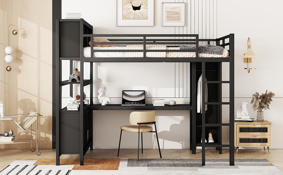 Metal Loft Bed with Wardrobe And L-shaped Desk, Full Size Loft Bed with Storage Cubes and Shelves, Heavy Duty Loft Bed for Kids Teens Adults, Black
