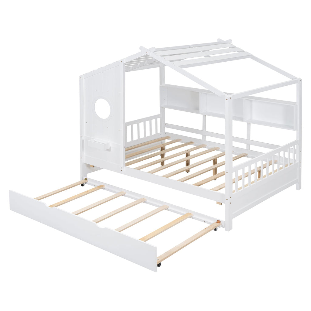 Wooden Full Size House Bed With Trundle, Modern Design for Kids with Storage Shlef, White(old SKU HL000095AAW)