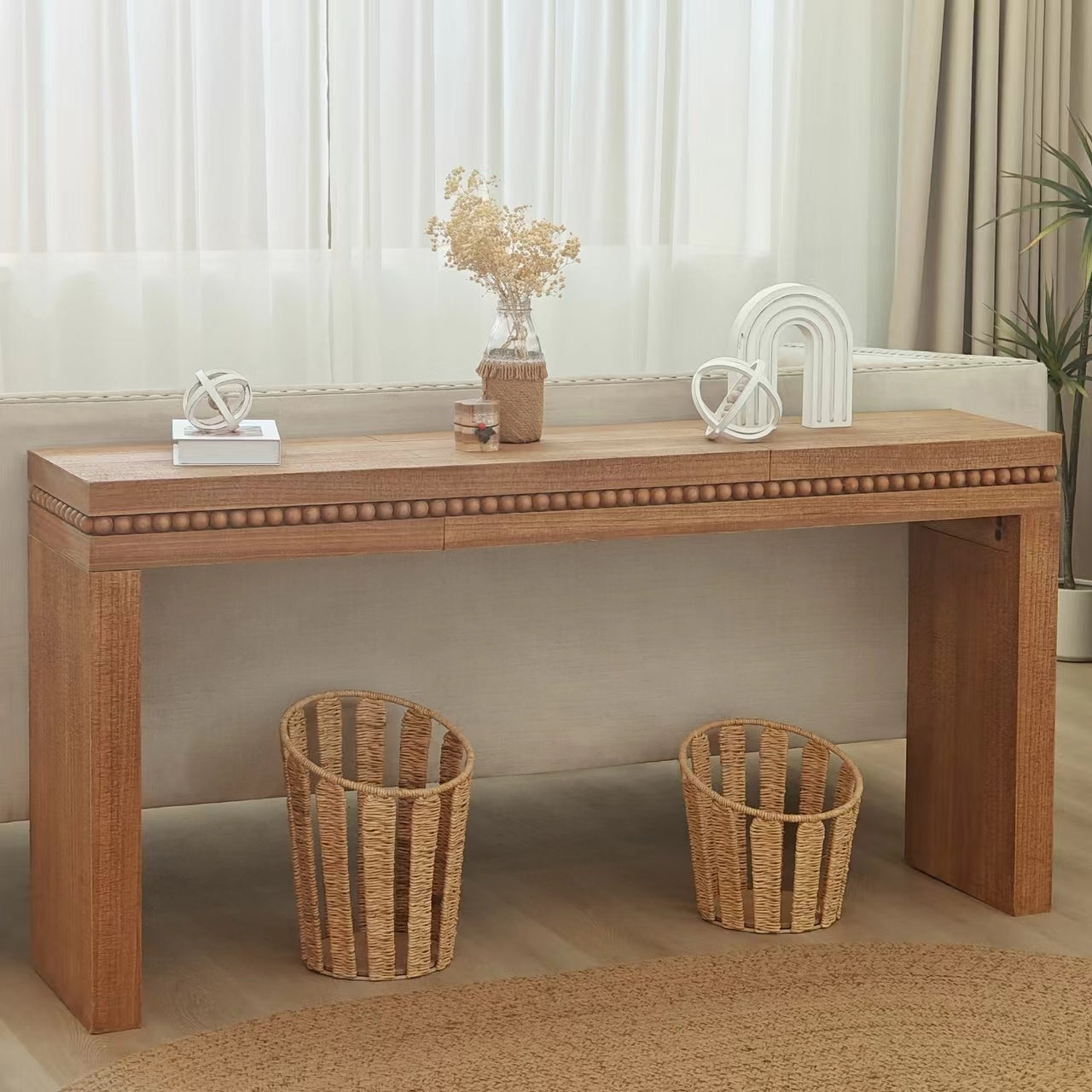 Convenience Concepts Natural Wood Console Table/Desk with Real Wood Beads Decoration