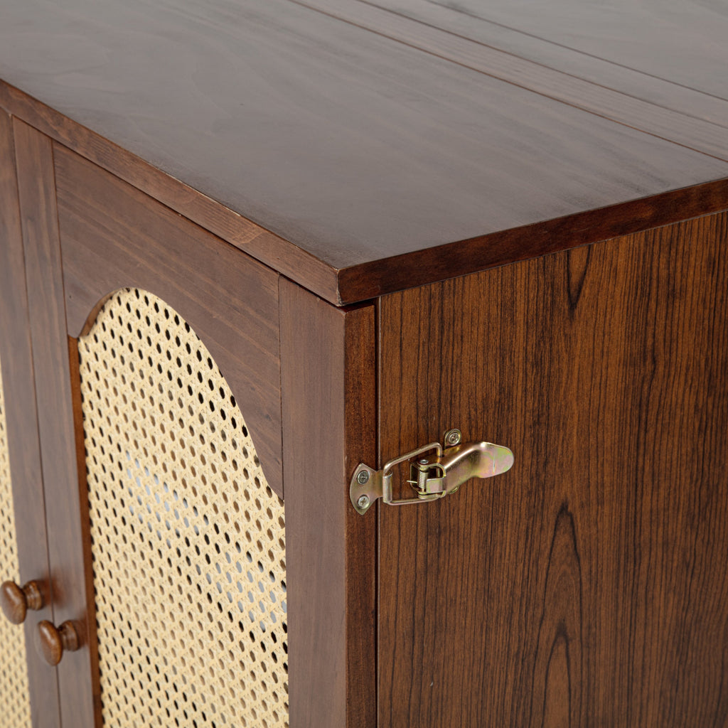 Queen Size Murphy Bed, Pine Wood Cabinet Bed with Power Station and Rattan Decoration Panel,Walnut