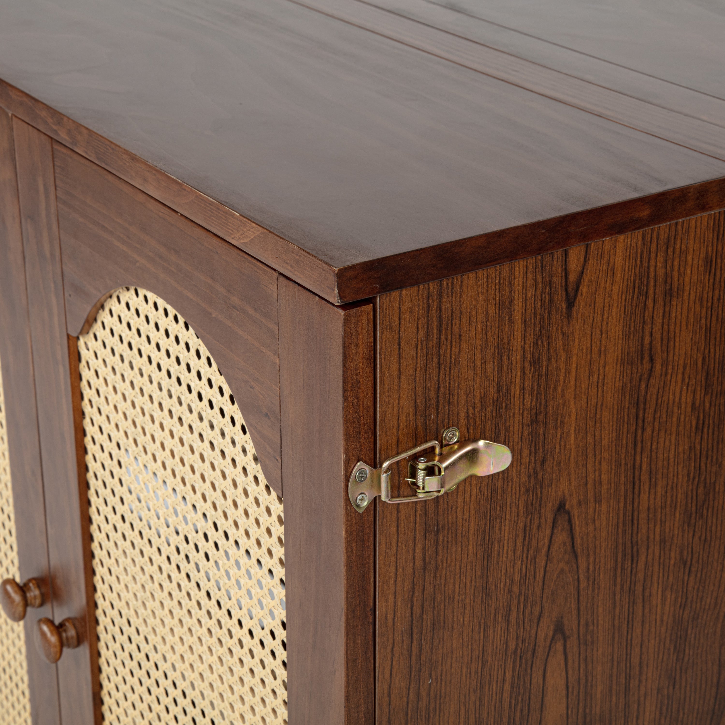 Queen Size Murphy Bed, Pine Wood Cabinet Bed with Power Station and Rattan Decoration Panel,Walnut