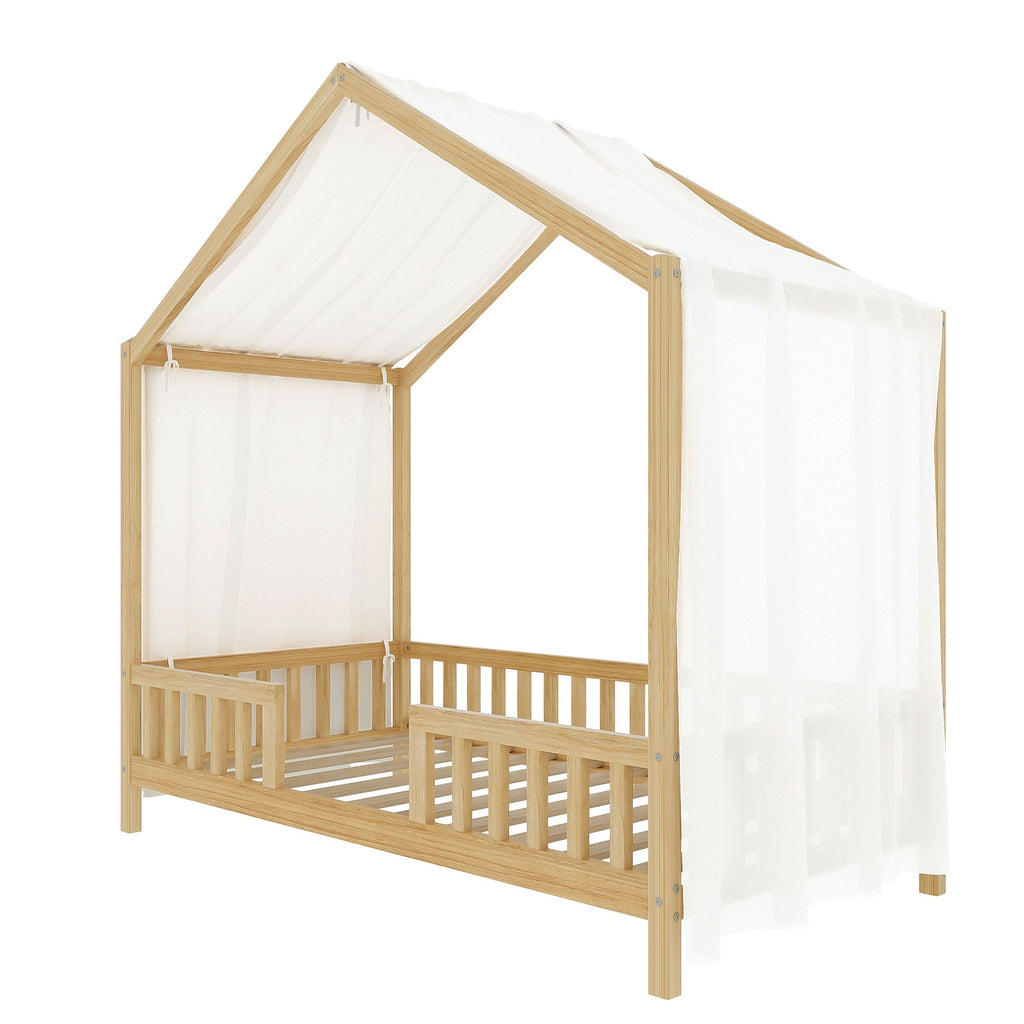 Montessori Floor Bed with Canopy, Twin Bed Frame for Kids, House Shape Kids Bed Frame with High Railings, Wood Kids Bed with Roof, Kid Twin Bed, Natural