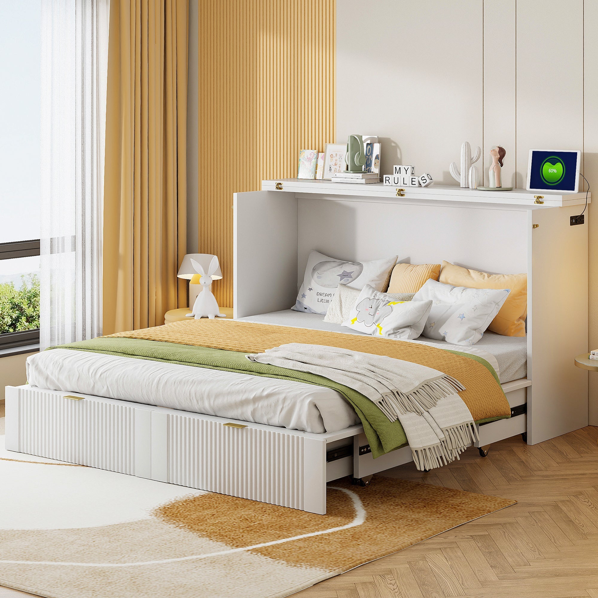 Queen Size Murphy  Bed with drawer and a set of Sockets & USB Ports, Pulley Structure Design, White