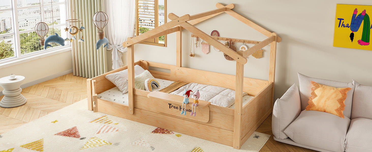 Twin Size Floor Bed with Guardrails and Roof, Kids House Floor Bed with a Small Built-in Tray and Free-installed Signboard, Childlike Design, Natural