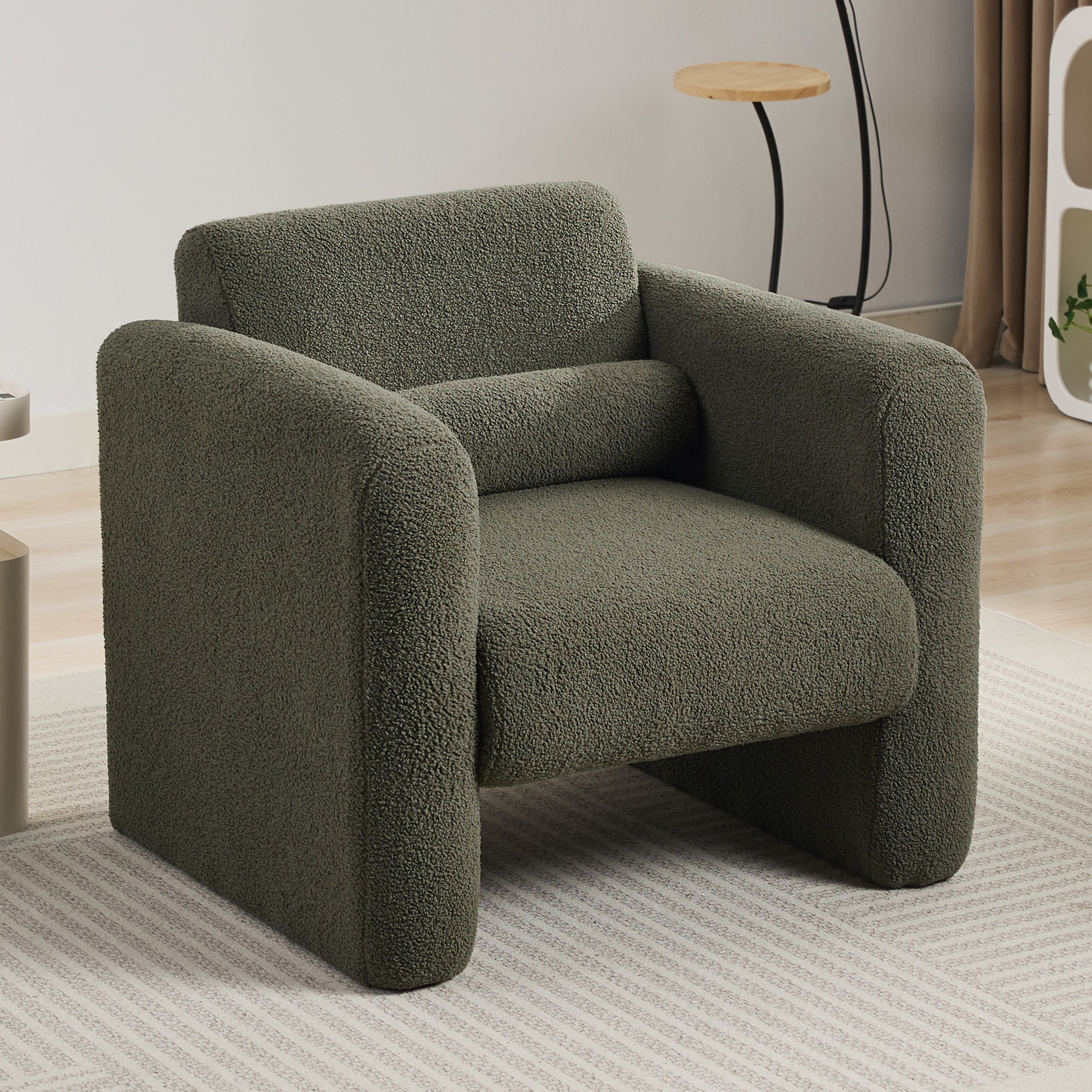 Modern Accent Chair Lambskin Sherpa Fabric Upholstered Comfy Reading Arm Chair Seaweed Green