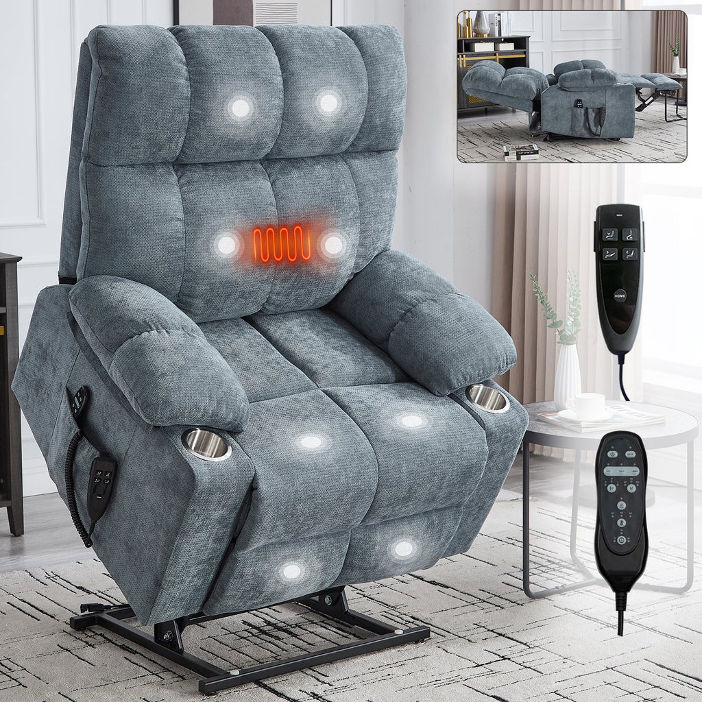 Grey Dual Motor Infinite Position Up to 350 LBS Chenille Power Lift Recliner Chair, Heavy Duty Motion Mechanism with 8-Point Vibration Massage and Lumbar Heating, Dual Cup Holders