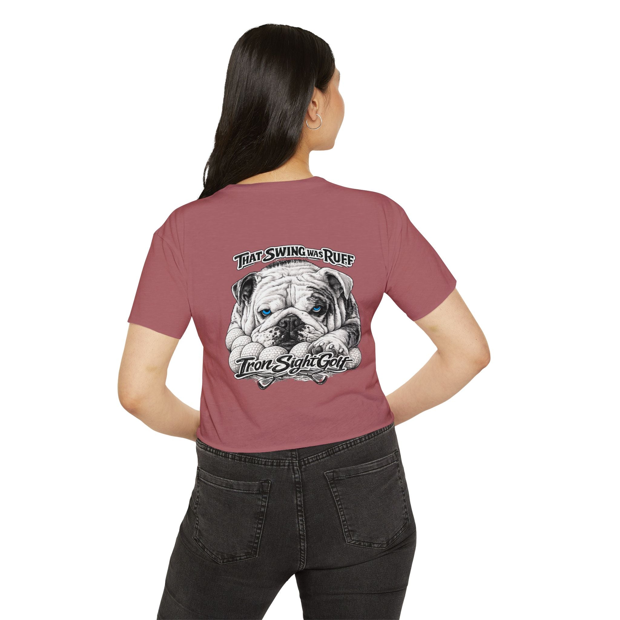 Bulldog Graphic Crop Top — “That Swing Was Ruff” Iron Sight Golf