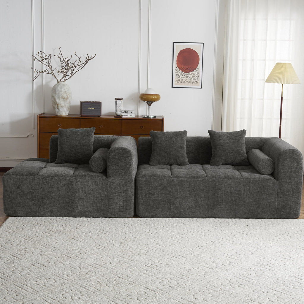 Modern Grey Modular Sectional Sofa with Deep Seating and Side Pockets in Chenille Fabric