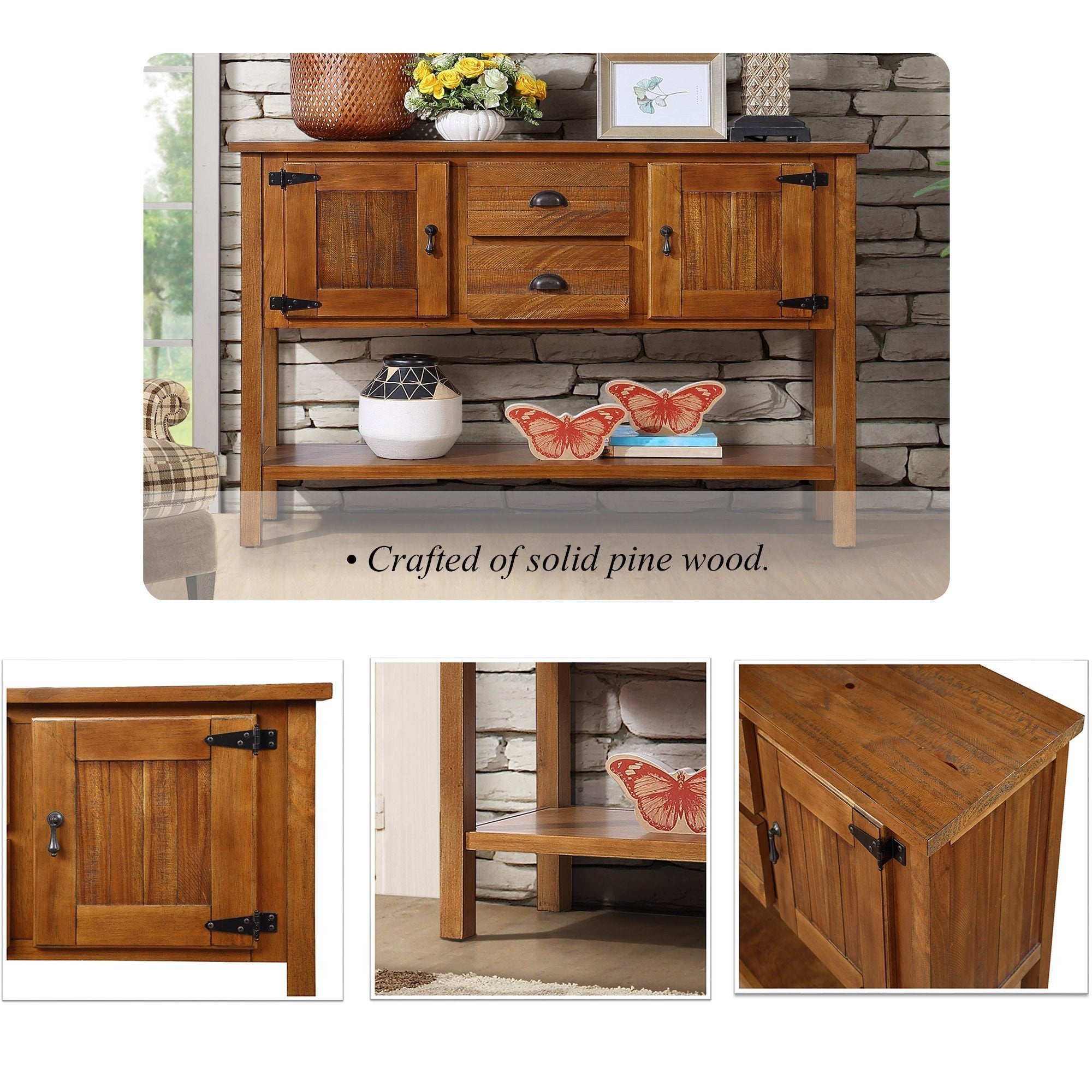 48'' Solid Wood Sideboard Console Table with 2 Drawers and Cabinets and Bottom Shelf, Retro Style Storage Dining Buffet Server Cabinet for Living Room Kitchen Dining Room(Brown)