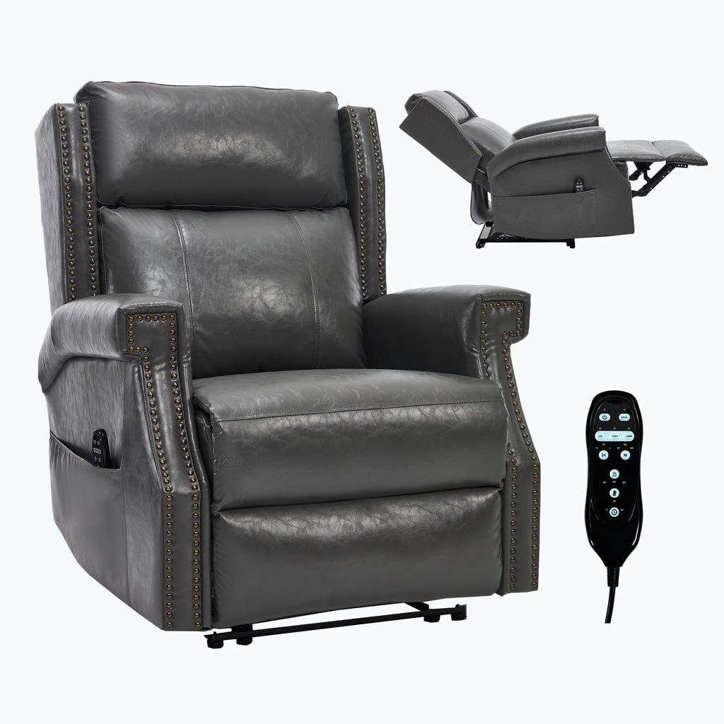 Grey Manual Recliner Chair in Faux Leather for Living Room with Heavy Duty Motion Mechanism, 8 vibrating nodes and 3 massage modes.