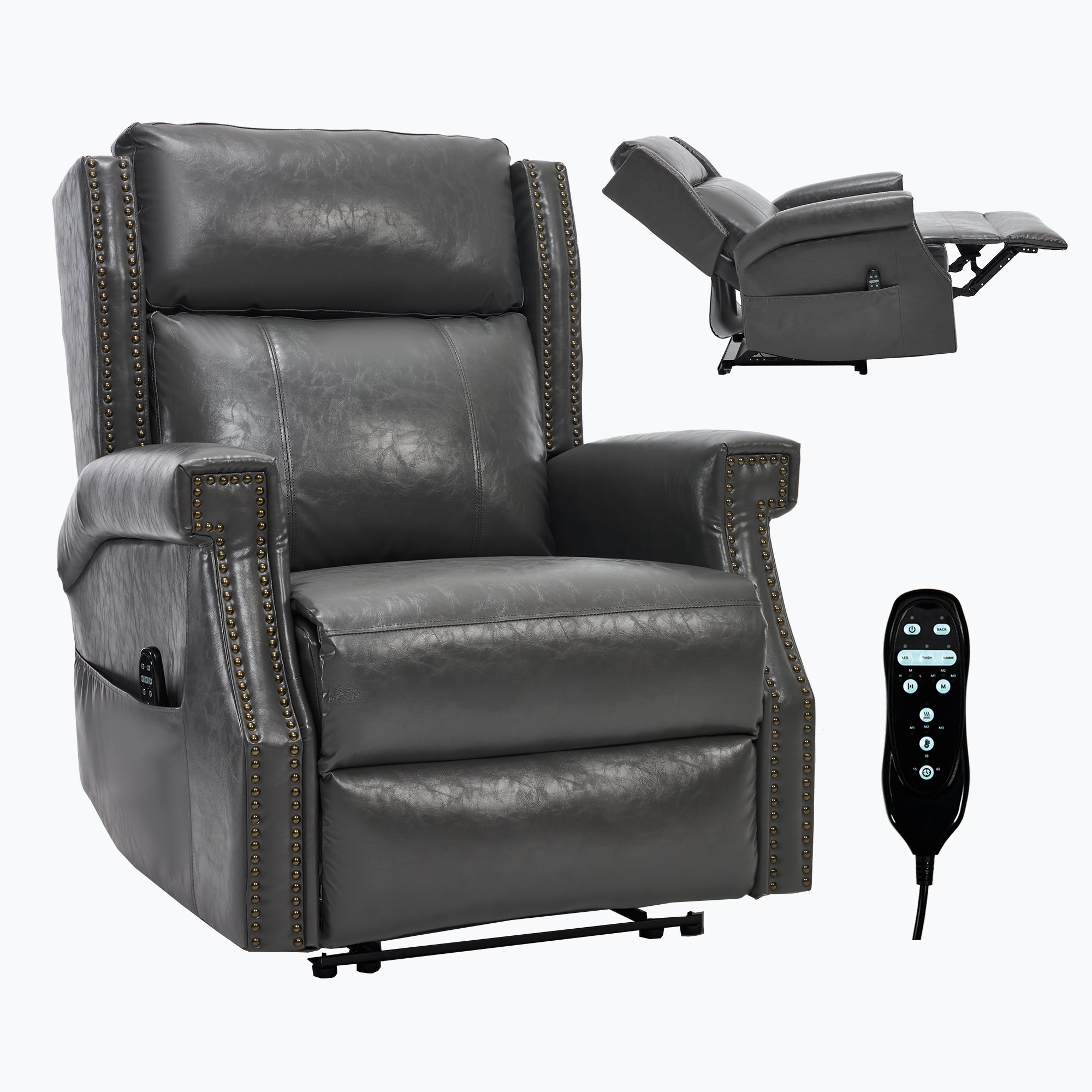 Grey Manual Recliner Chair in Faux Leather for Living Room with Heavy Duty Motion Mechanism, 8 vibrating nodes and 3 massage modes.
