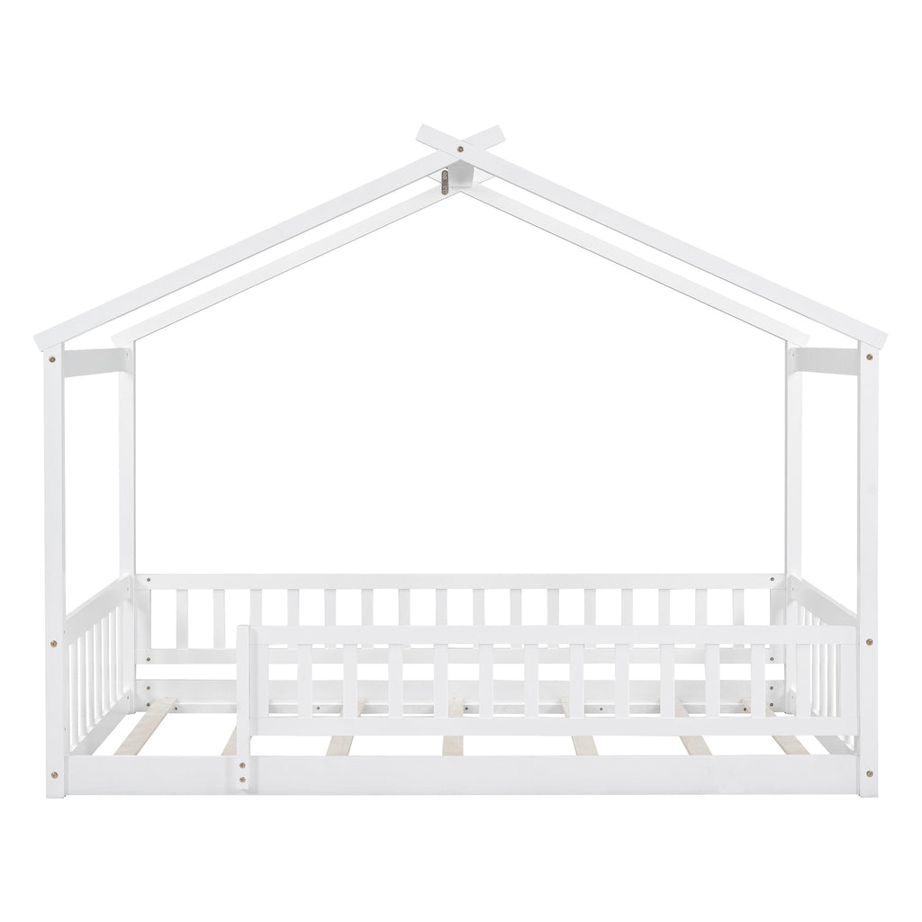 Twin Size Wood Bed House Bed Frame with Fence, for Kids, Teens, Girls, Boys,White