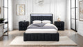 Queen Size Bed And 2x Nightstands Bedroom Furniture Luxury Look Black Fabric Upholstered Bedframe w LED Nailhead Trim 3pc Bedroom Set