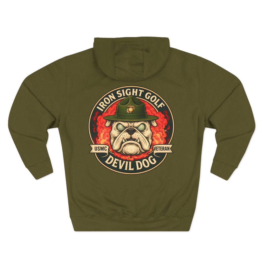Marine Devil Dog Golf Hoodie — USMC Bulldog with Drill Instructor Hat