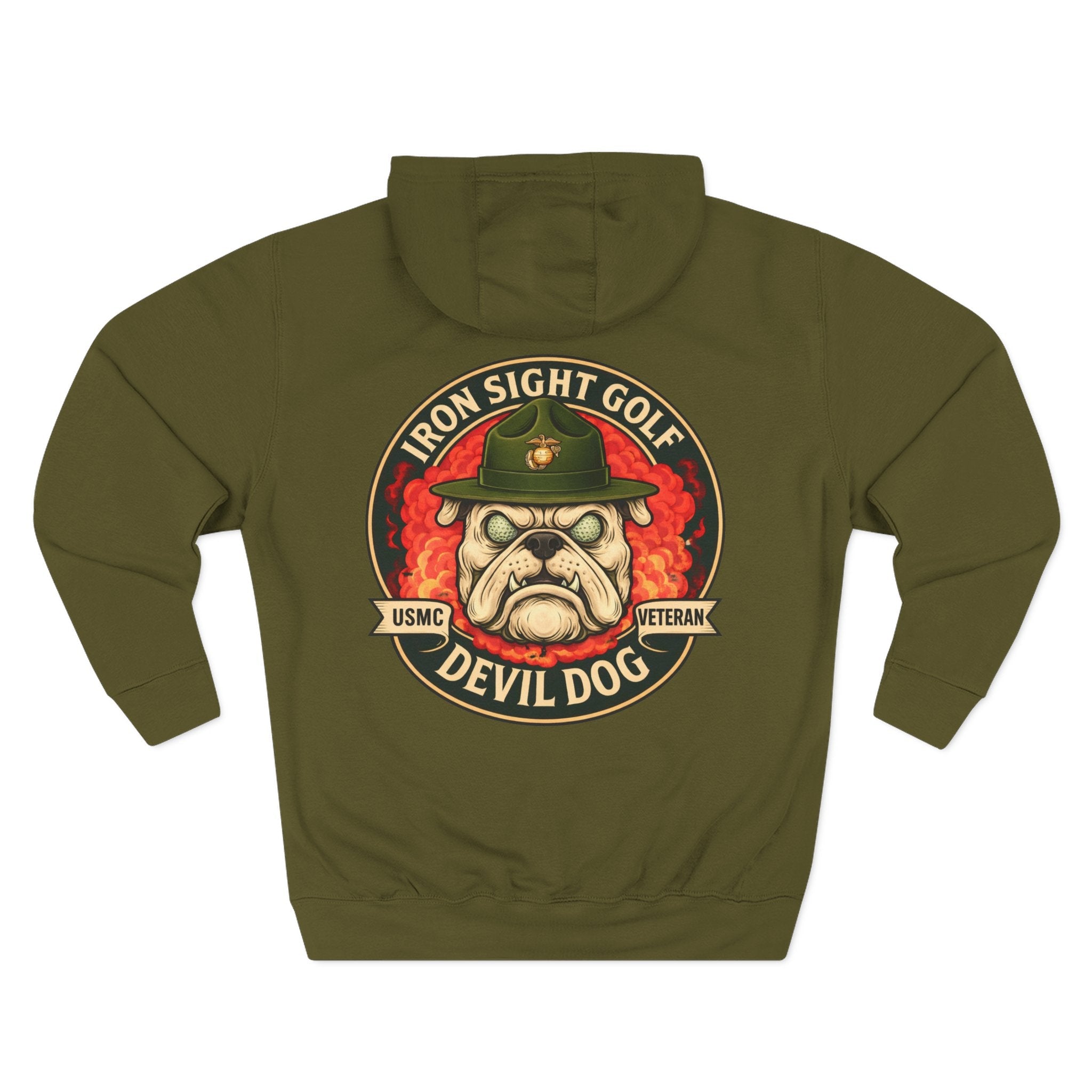 Marine Devil Dog Golf Hoodie — USMC Bulldog with Drill Instructor Hat