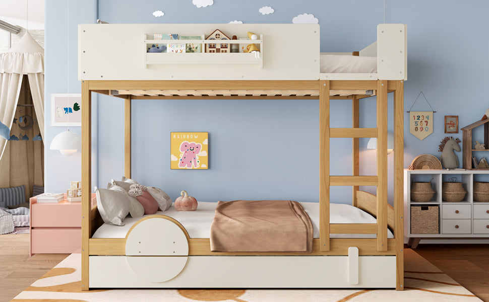 Queen Bunk Bed with Trundle , Wood Bunk Bed Frame with Built-in Bookshelf and High-quality Safety Guardrail,Automobile Form Design for Kids,Natural＆Beige