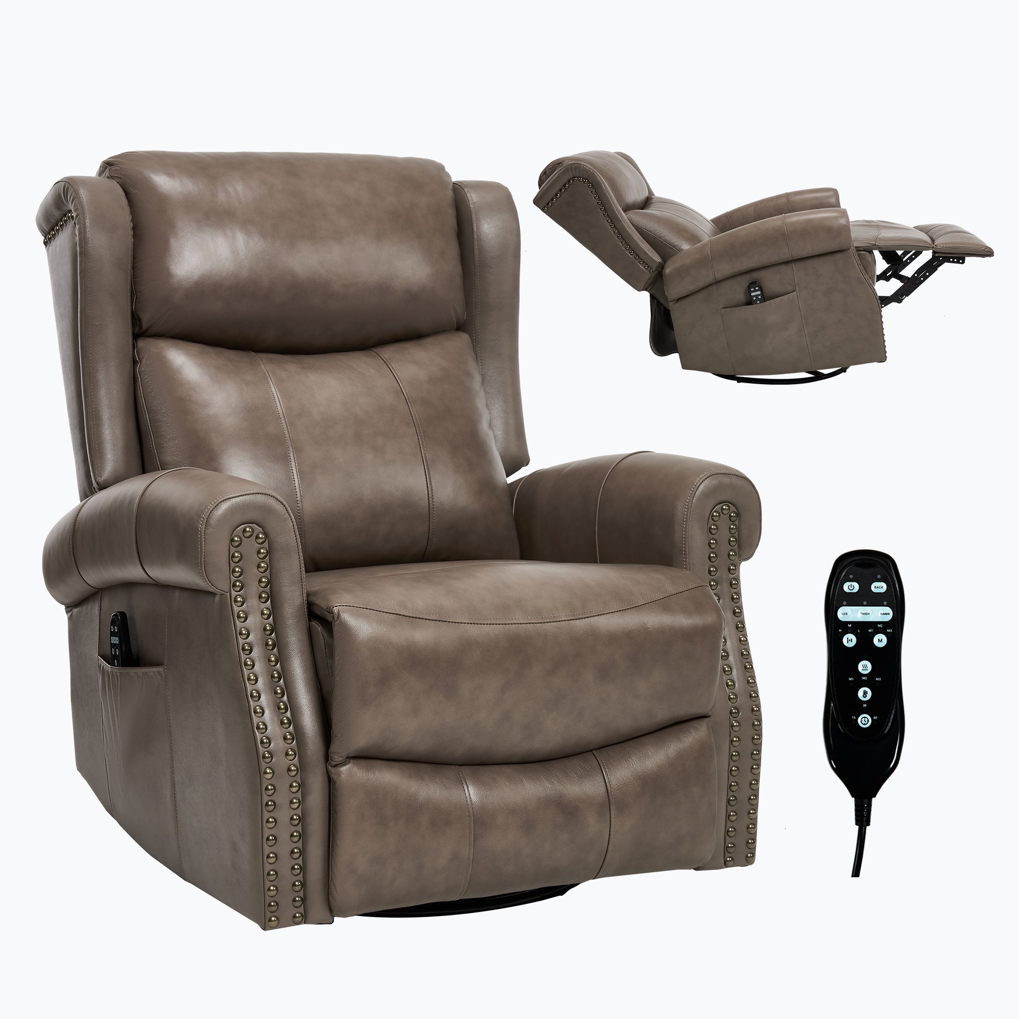 Heat Massage Manual Recliner Chair with Rocker and Swivel in Genuine leather for Living Room