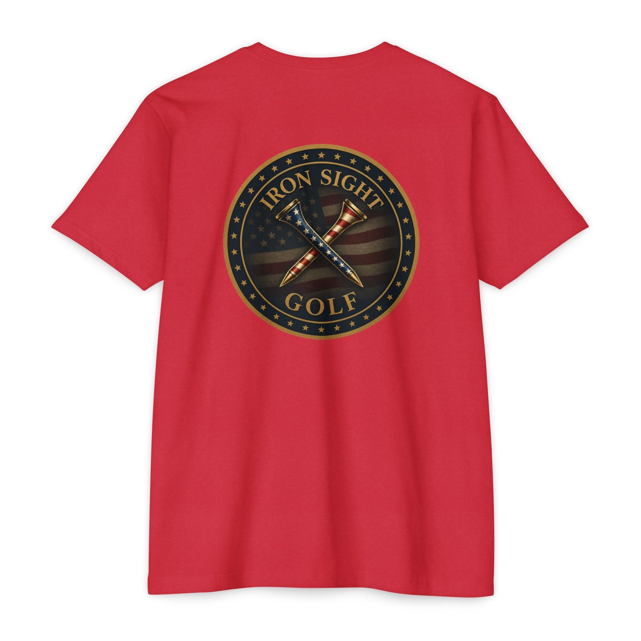 Iron Sight Golf T‑Shirt — American Flag Crossed Clubs Logo