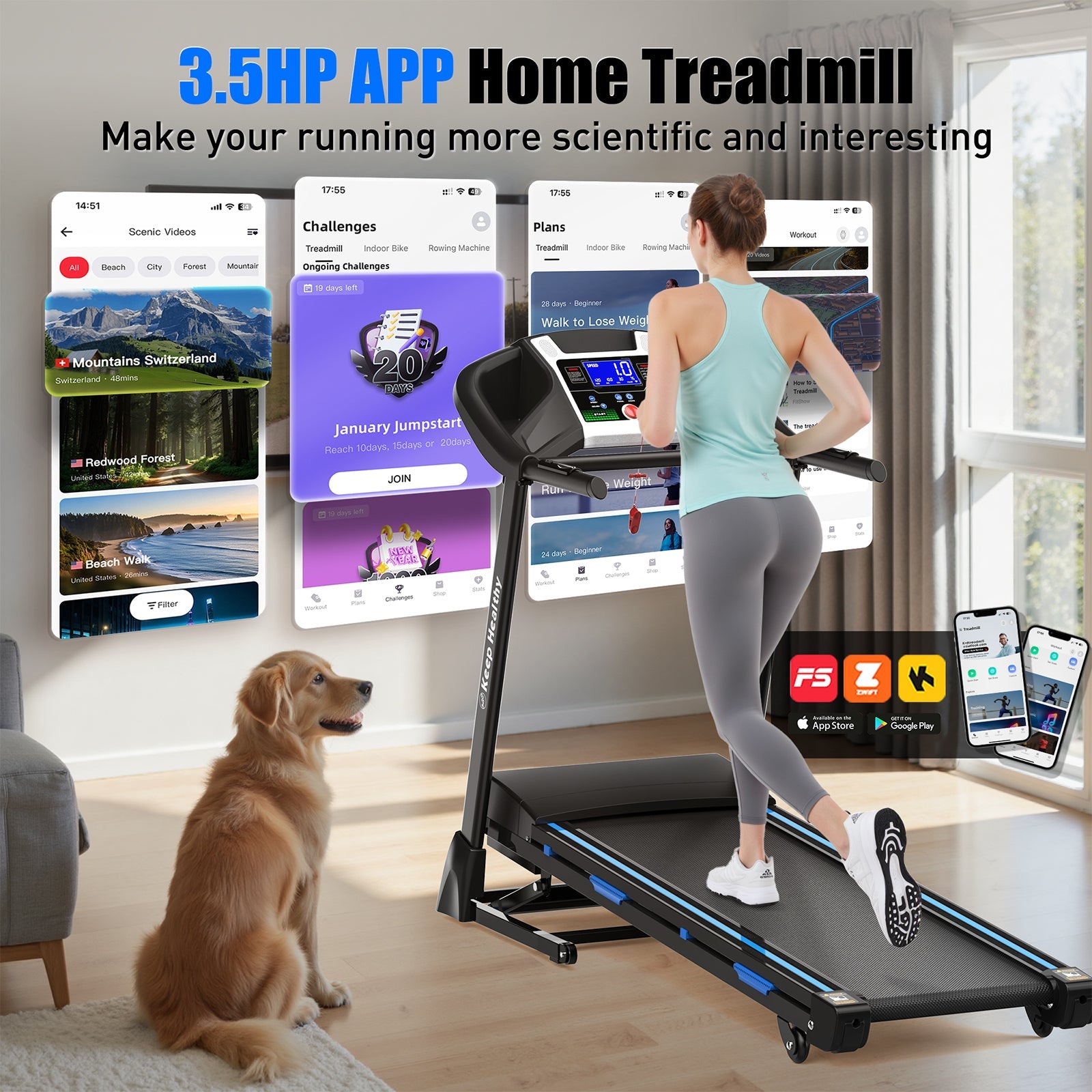 Treadmills for Home, Electric Treadmill with  Automatic Incline, Foldable 3.5HP Workout Running Machine Walking, Double Running Board Shock Absorption Pulse Sensor Bluetooth Speaker APP FITSHOW.