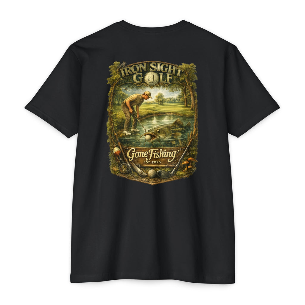 Gone Fishing Catfish Golf T-Shirt — Iron Sight's Ball in the Water