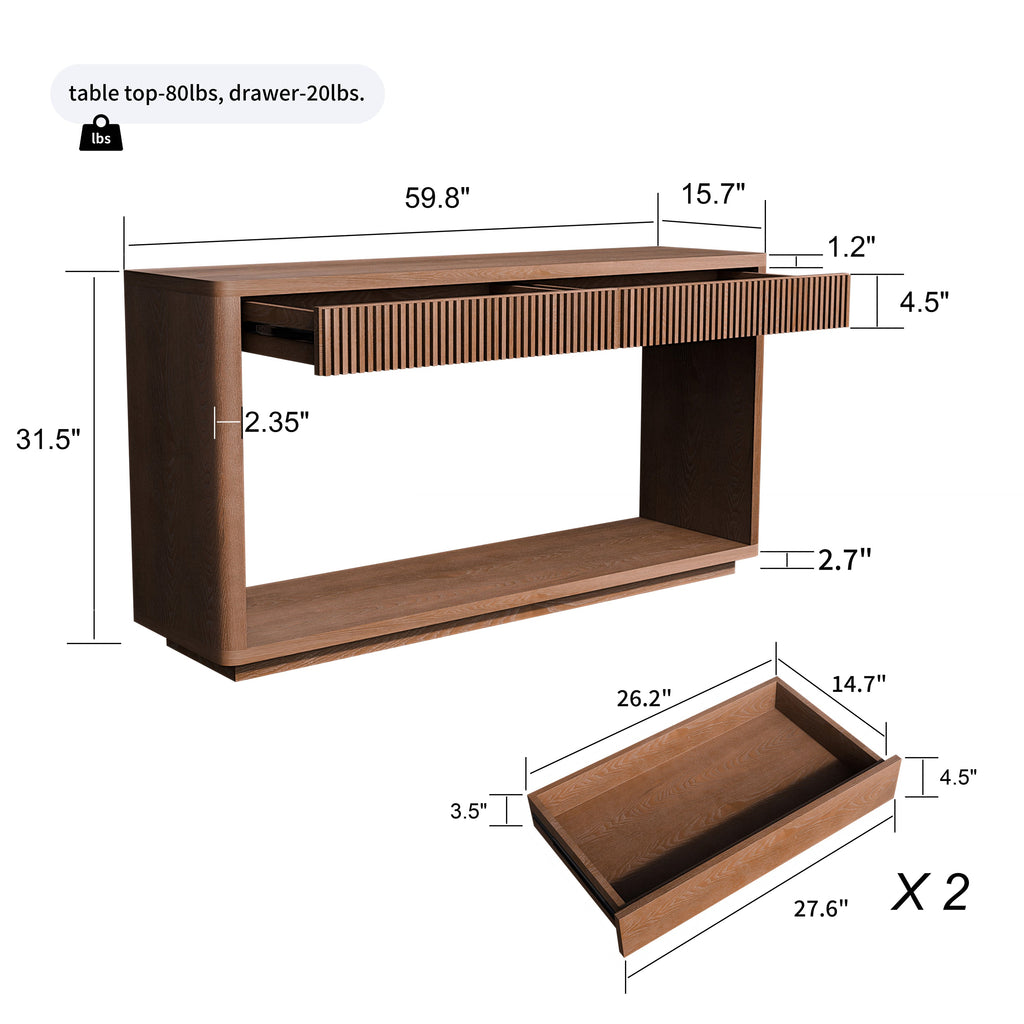 60' Modern 2-Drawer Fluted Console Table Natural Wood Veneer Sofa Table Behind Couch Table for Living Room, Hallway, Entryway, Home Office, Walnut