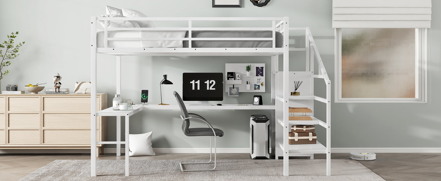 Queen Size Loft Bed with L-shaped Desk and USB, Metal Loft Bed with Wardrobe and Adjustable Shelf, High Loft Bed with LED for Kids Teens Adults, White