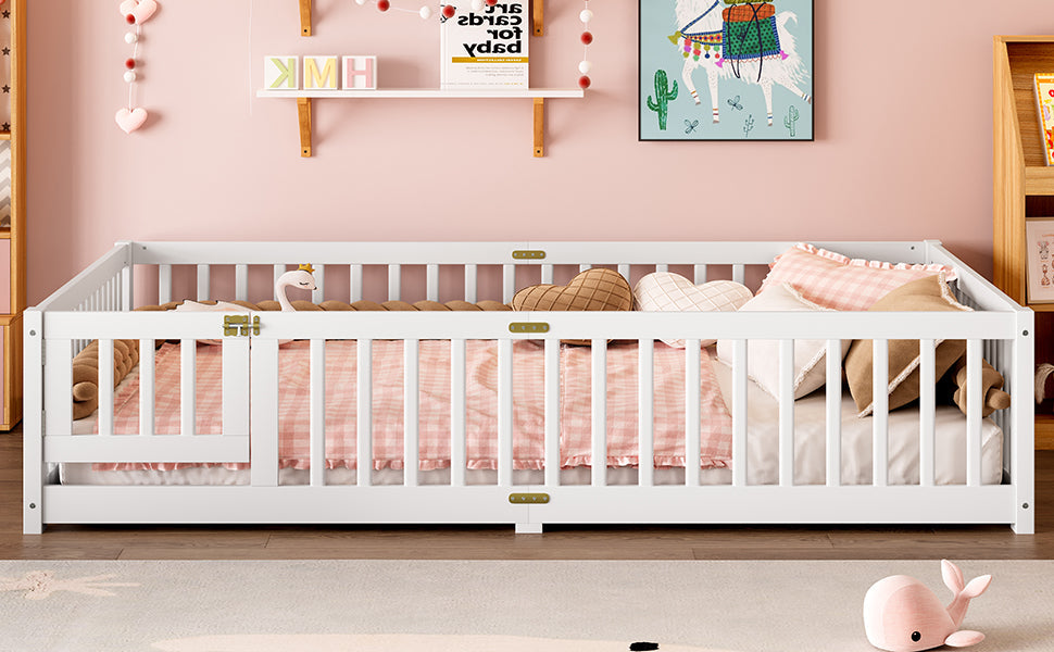 Queen Size Bed Floor Bed with Safety Guardrails and Door for Kids, White(Old SKU:  W1580P154628 )