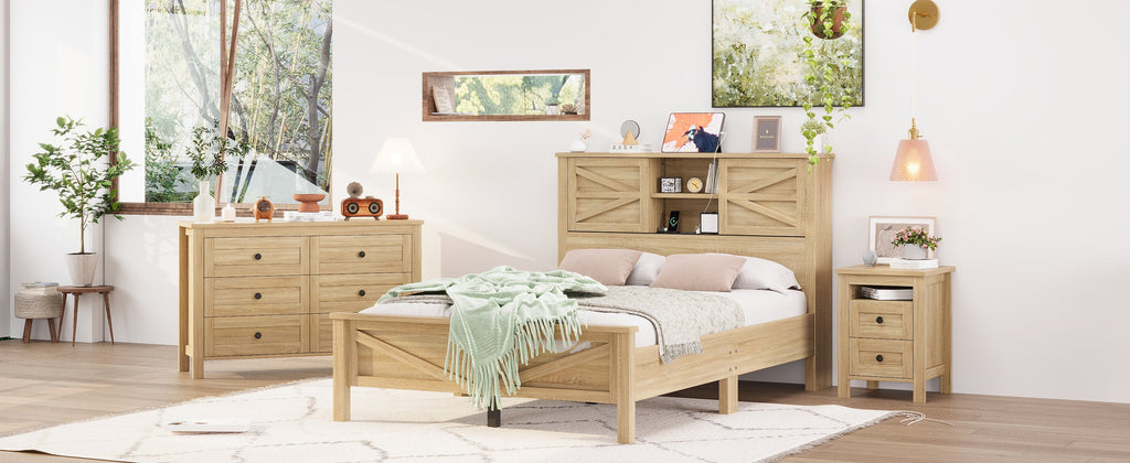 3-Pieces Bedroom Sets Full Size Farmhouse Platform Bed with Double Sliding Door Storage Headboard and Charging Station, Storage Nightstand and Dresser, Natural
