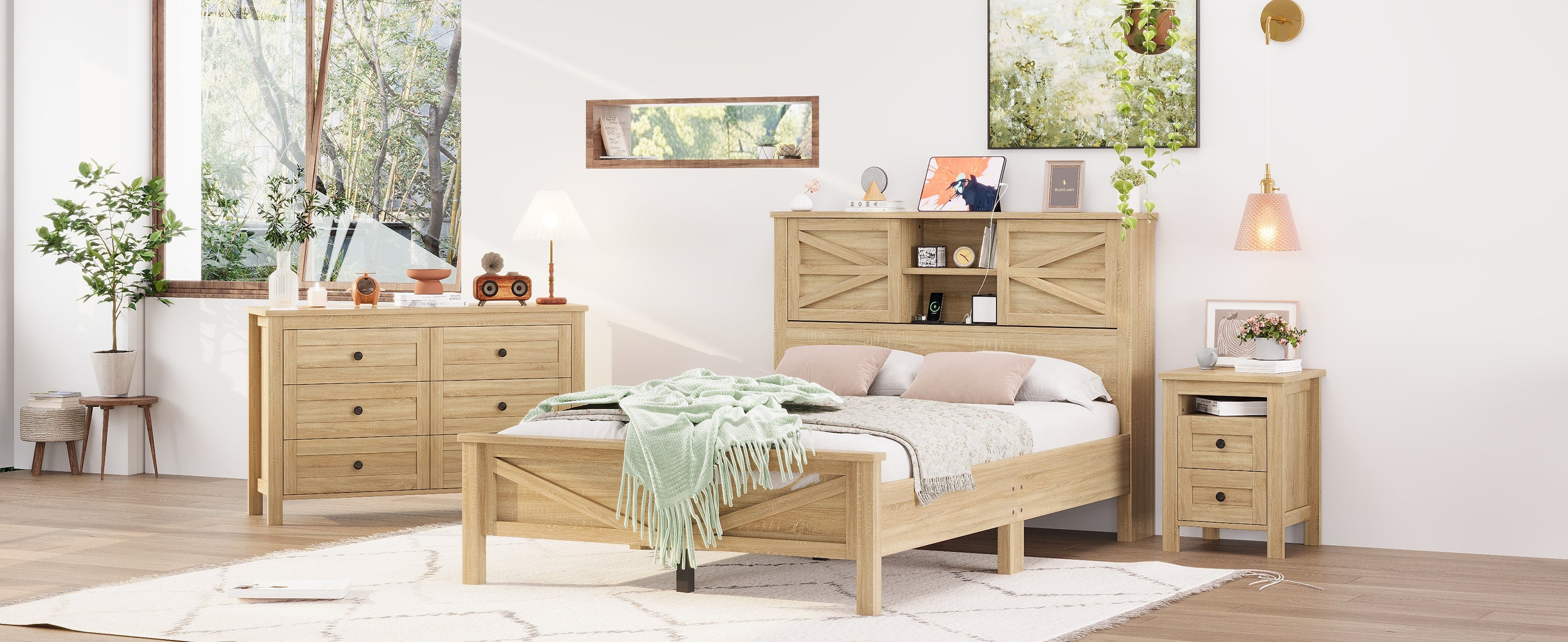 3-Pieces Bedroom Sets Full Size Farmhouse Platform Bed with Double Sliding Door Storage Headboard and Charging Station, Storage Nightstand and Dresser, Natural