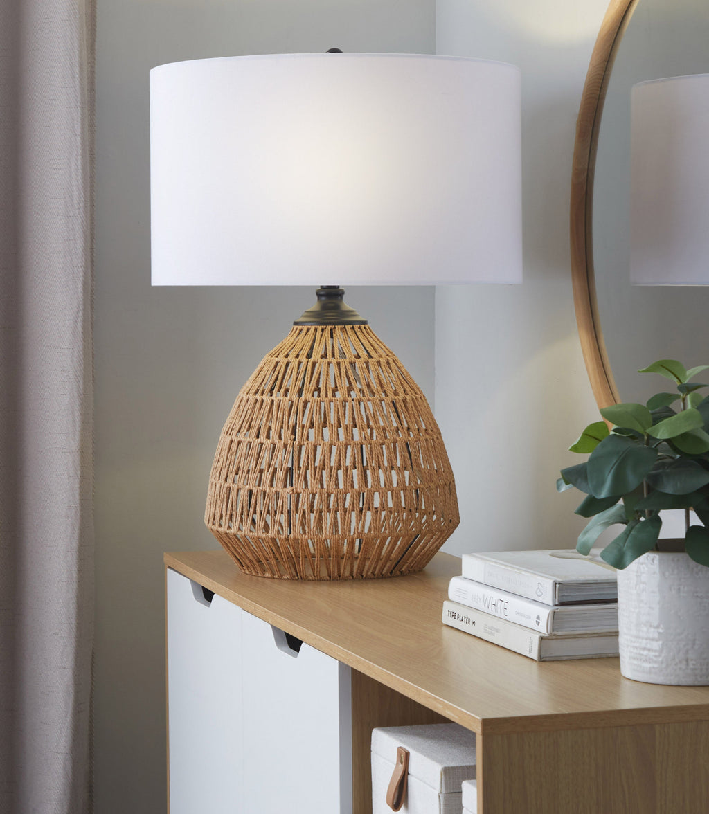 Congo 29' Contemporary Rattan Table Lamp in Natural Rope Rattan, Matte Black Metal and White Linen Shade from Grandview Gallery by LumiSource