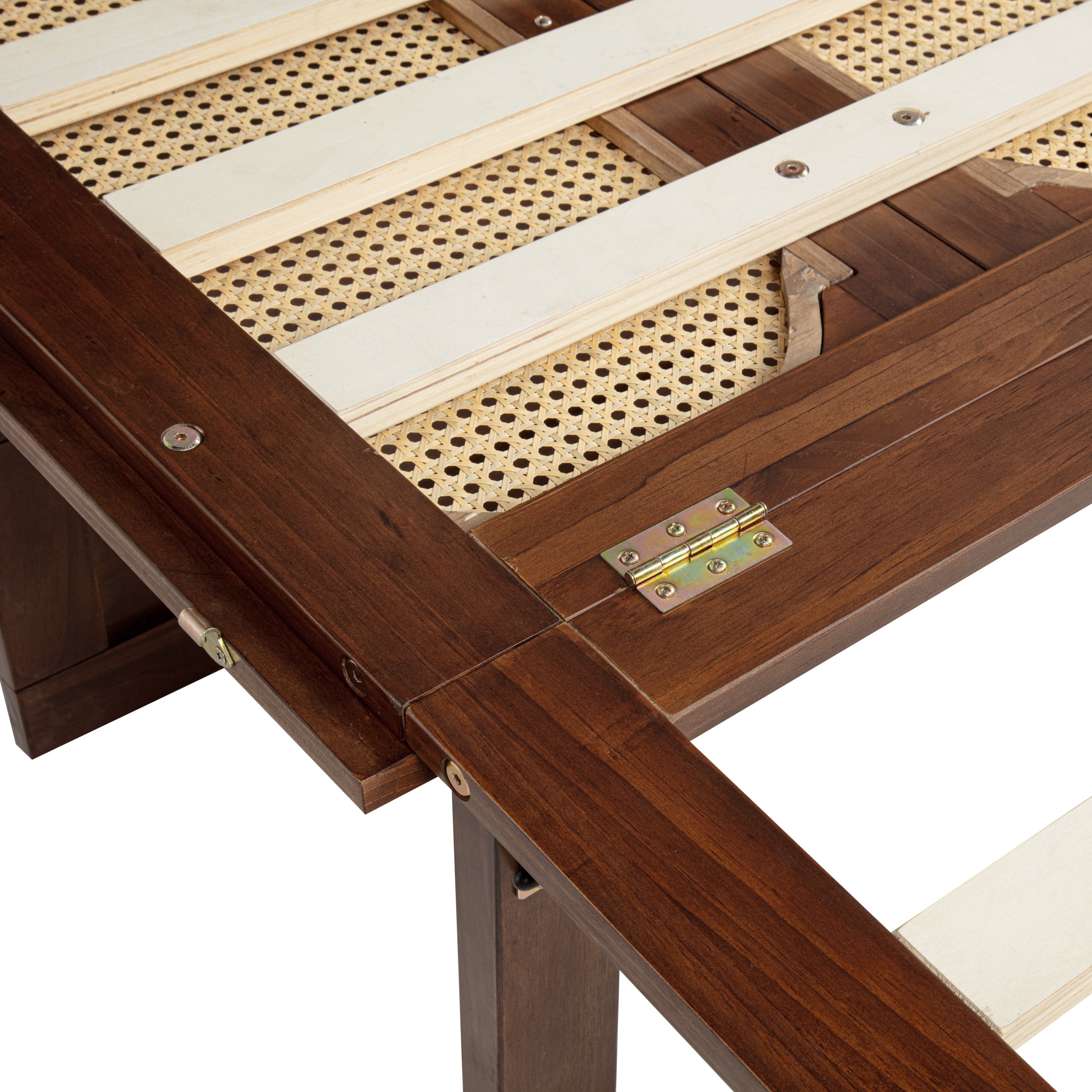 Queen Size Murphy Bed, Pine Wood Cabinet Bed with Power Station and Rattan Decoration Panel,Walnut