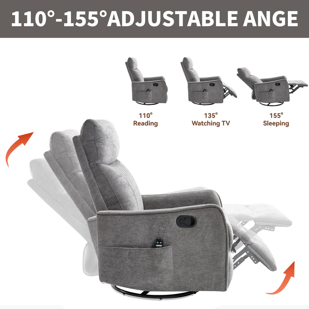 Dark Grey Heat Massage Manual Recliner Chair with Rocker and Swivel in Fabric for Living Room