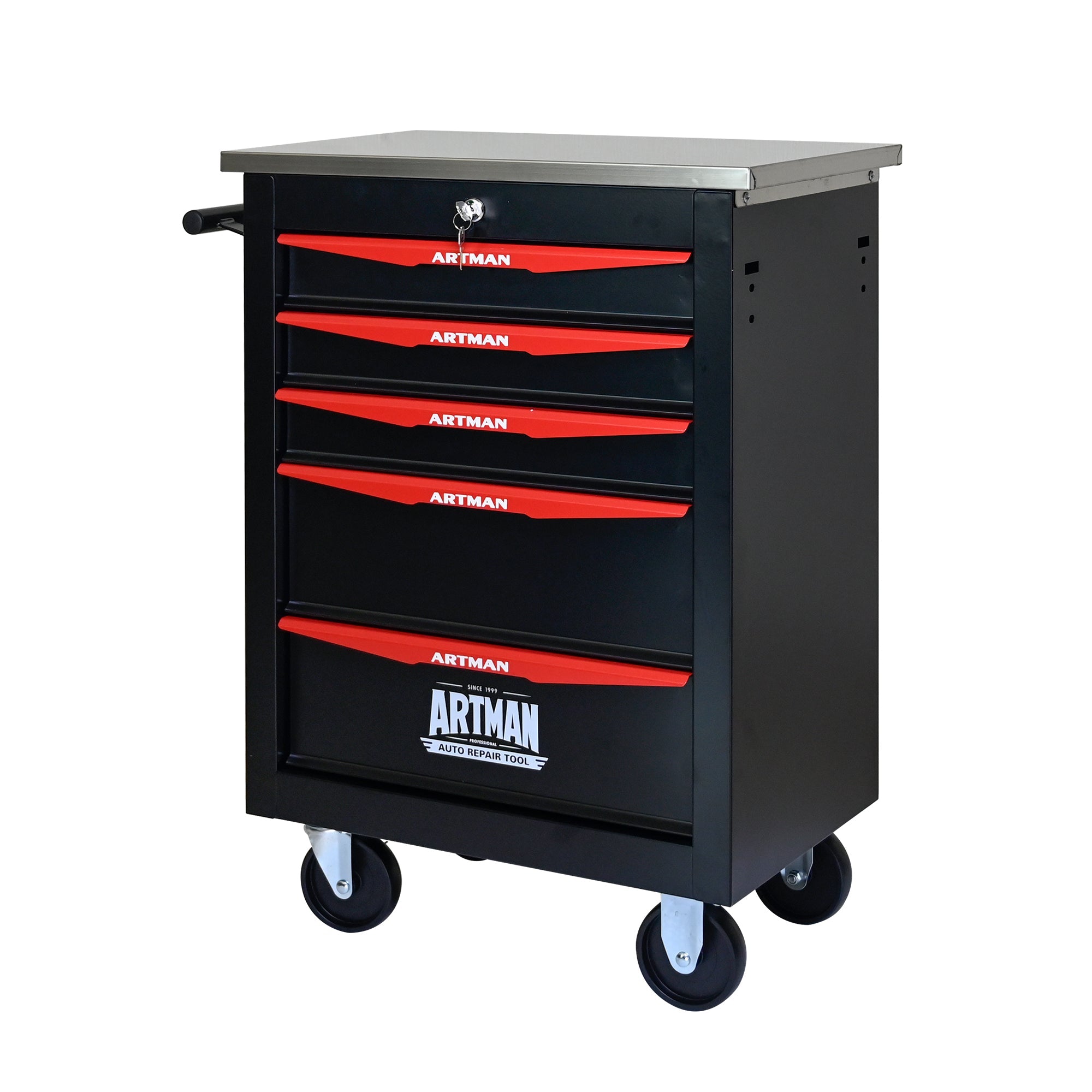 5-Drawer Multifunctional Tool Cart with Wheels, Metal Rolling Tool Cart Storage for Garage Workshop Warehouse Repair Shop - with Stainless Steel Roof - Black & Red