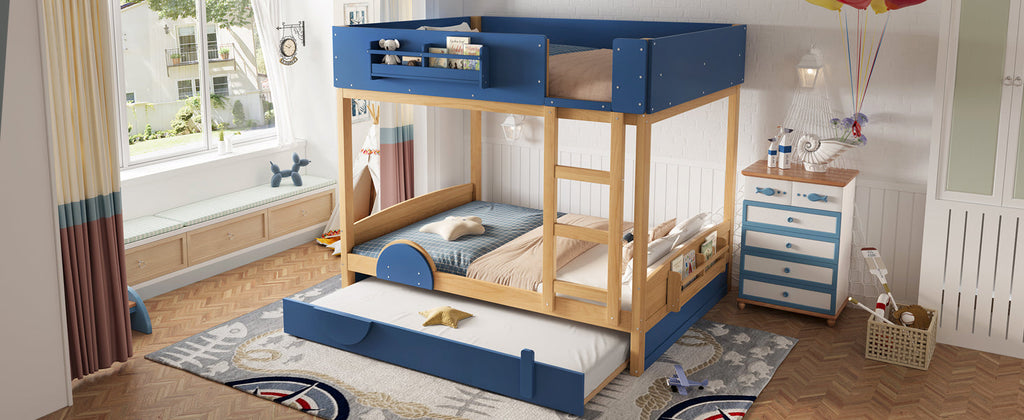 Full Bunk Bed with Trundle , Wood Bunk Bed Frame with Built-inBookshelf and High-quality Safety Guardrail,Automobile Form Design for Kids ,Blue＆Natural.