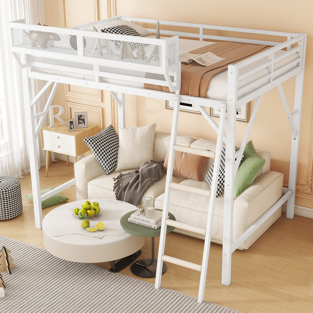 Queen Size Loft Bed with Ladder, Metal Queen Loft Bed with Storage Shelves, High Loft Bed for Kids Teens, White(Expect Arrival Date 2025/12/3  Old SKU W2580P351278)