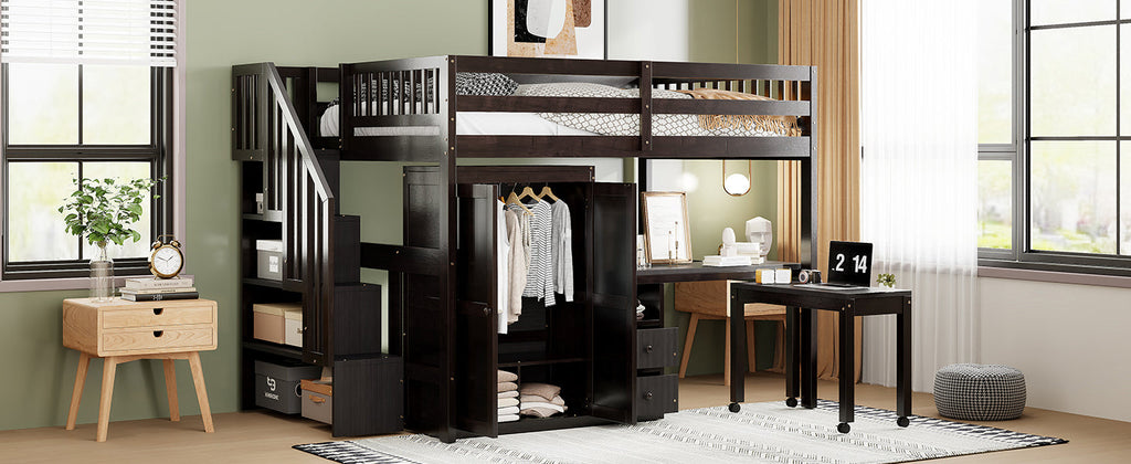 Full Size Loft Bed with Stairs, Bookshelf, Drawers, Desk & Wardrobe – Space-Saving Multifunctional Furniture for Kids & Teens-Espresso