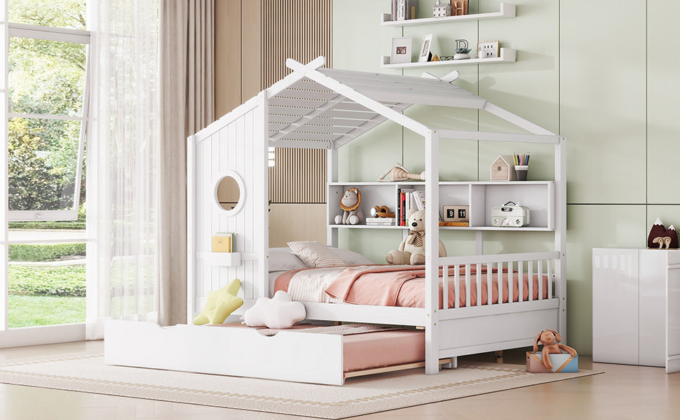 Wooden Full Size House Bed With Trundle, Modern Design for Kids with Storage Shlef, White(old SKU HL000095AAW)