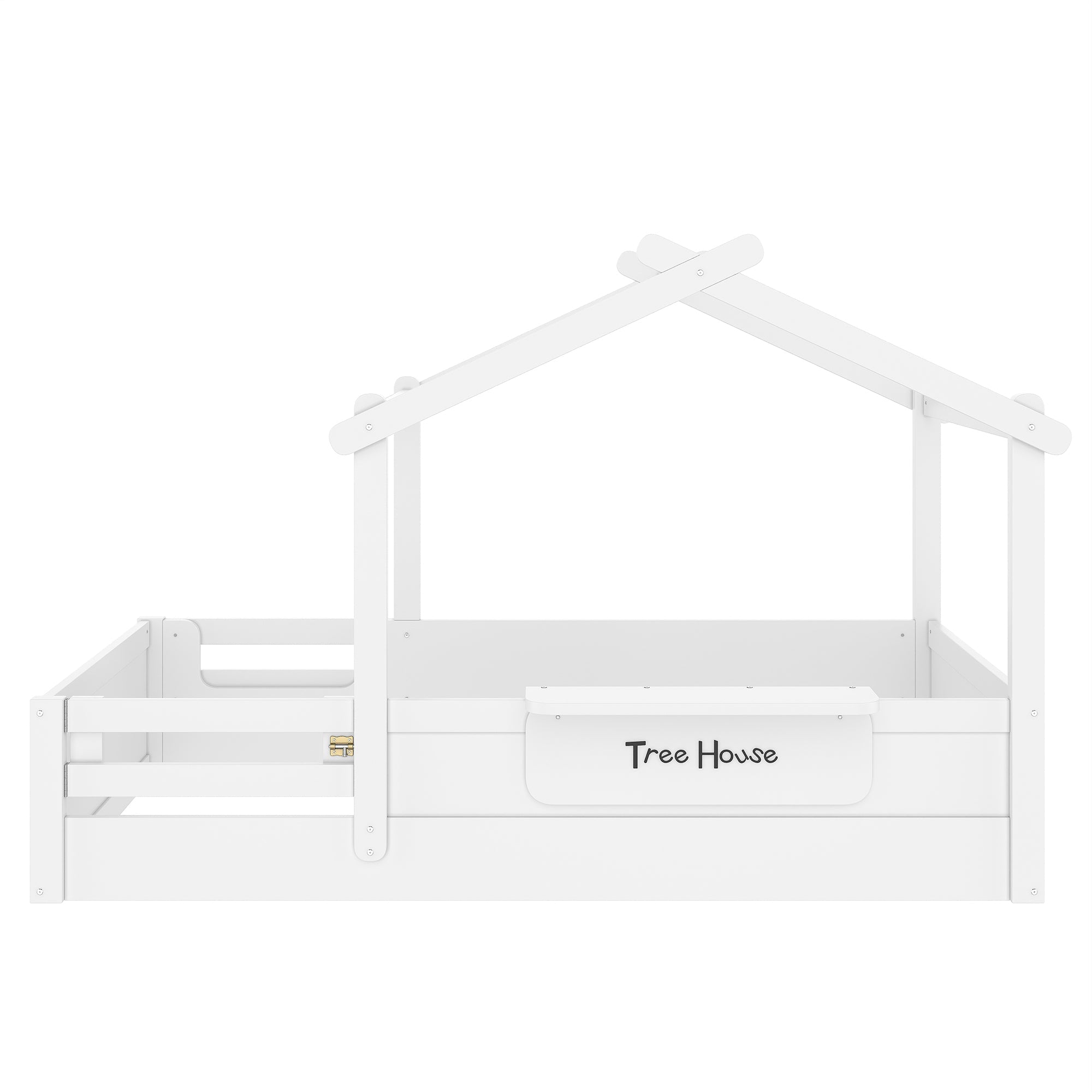 Twin Size Floor Bed with Guardrails and Roof, Kids House Floor Bed with a Small Built-in Tray and Free-installed Signboard, Childlike Design, White