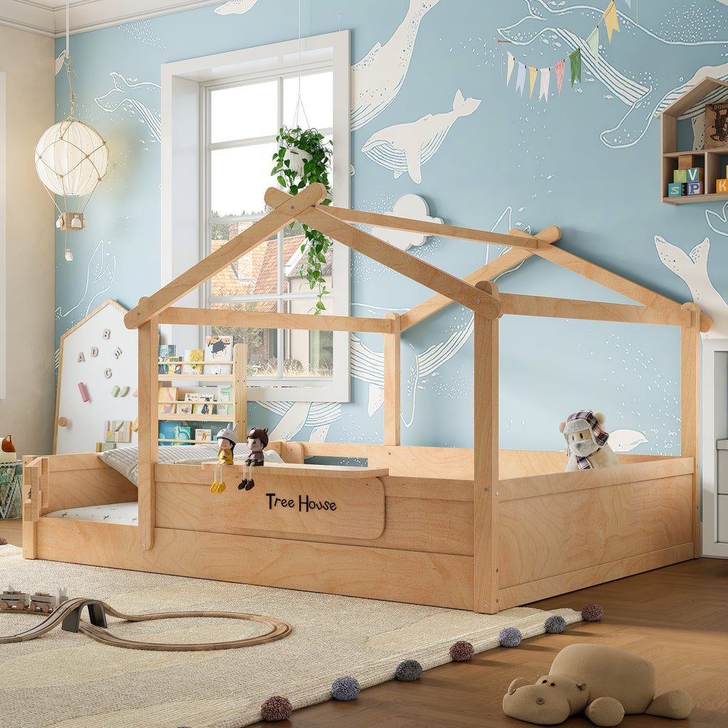 Queen Size Floor Bed with Guardrails and Roof, Kids House Floor Bed with a Small Built-in Tray and Free-installed Signboard, Childlike Design,Natural