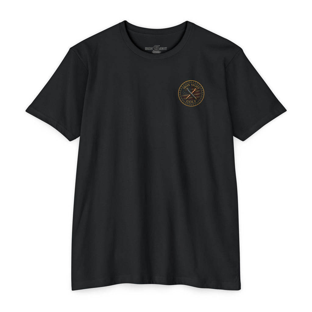 Iron Sight Golf T‑Shirt — American Flag Crossed Clubs Logo