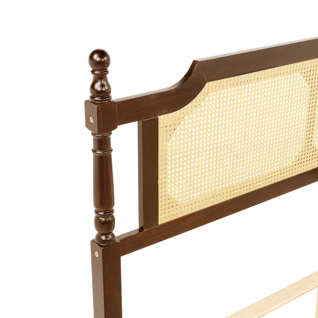 Queen Pine wooden Bed with Rattan Headboard  and Footboard, with  Central Enhanced Bed Platform,Walnut