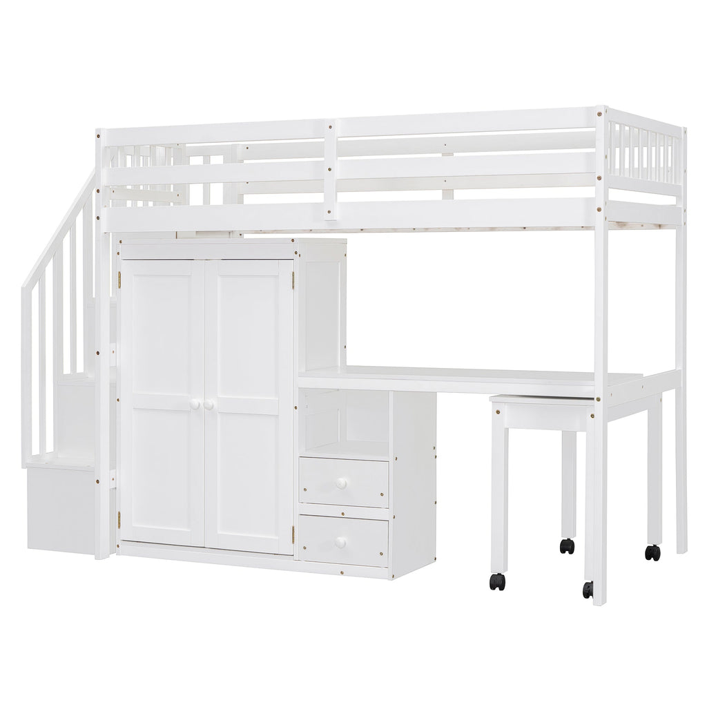 Twin Size Loft Bed with Stairs, Bookshelf, Drawers, Desk & Wardrobe – Space-Saving Multifunctional Furniture for Kids & Teens-White