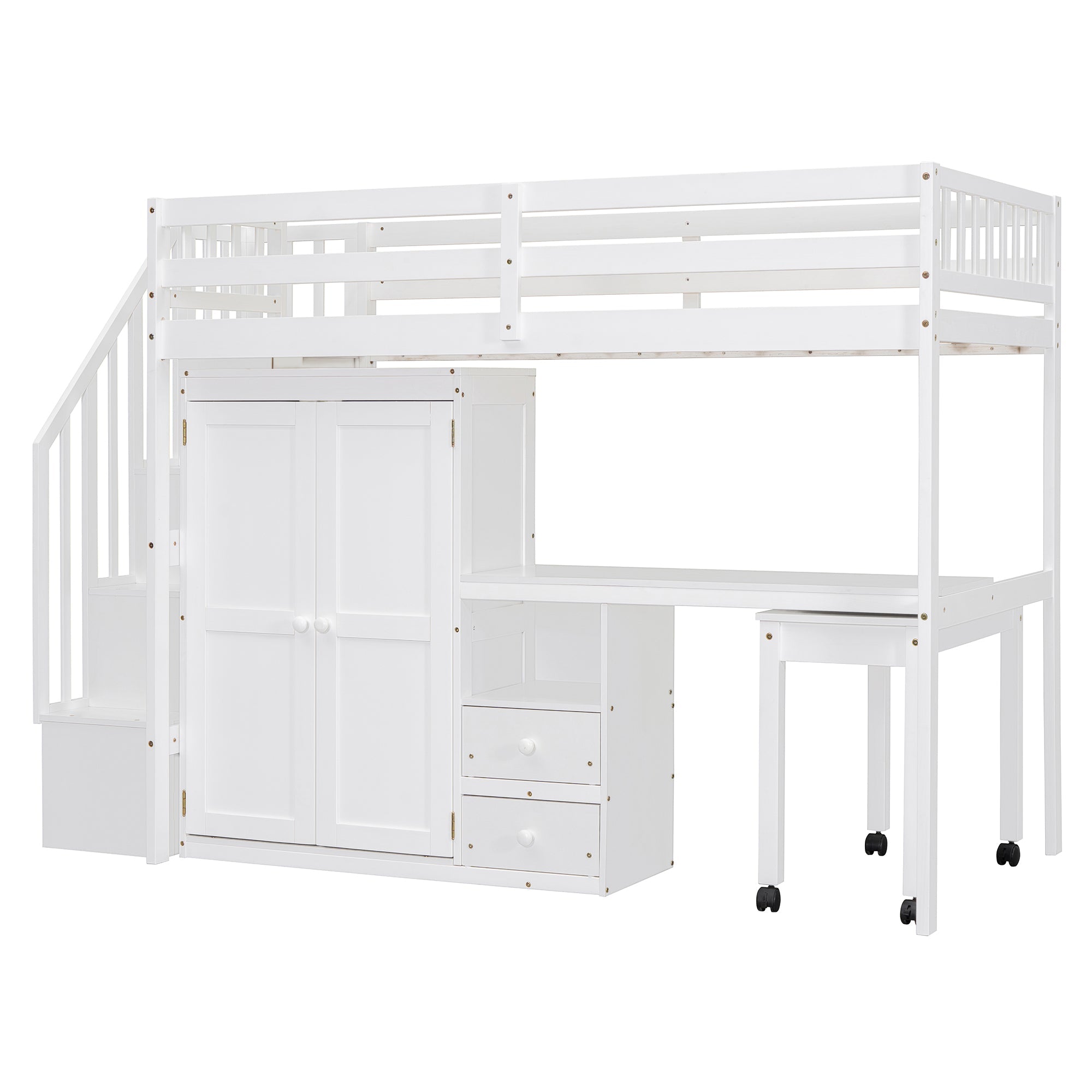 Twin Size Loft Bed with Stairs, Bookshelf, Drawers, Desk & Wardrobe – Space-Saving Multifunctional Furniture for Kids & Teens-White