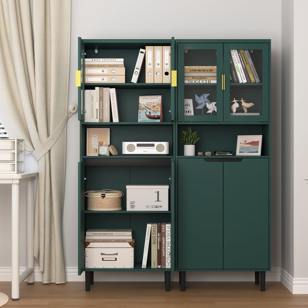 Tall Storage Bookcase with 2 Glass Display Door & 2 Doors, Tall Kitchen Pantry Cabinet with Gold Handles, Modern Cabinet Freestanding Living Room Green