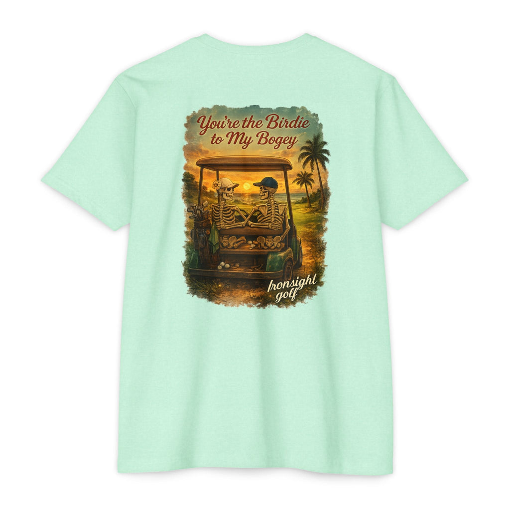 Birdie to My Bogey T-Shirt — Skeleton Couple in Golf Cart Tropical Sunset