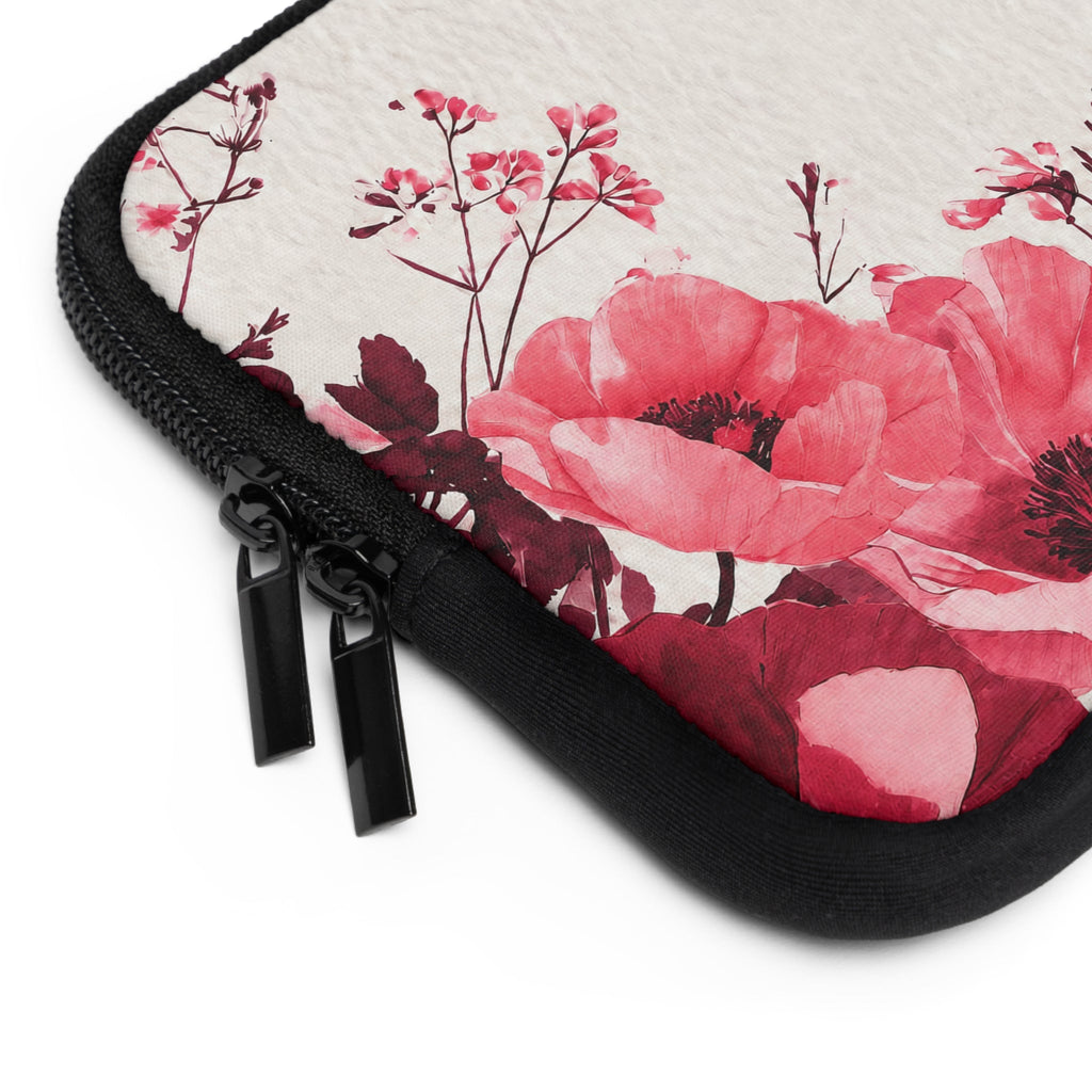 Pink Poppy Watercolor Laptop Sleeve | Floral Bee Tech Cover for Women